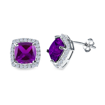 Cushion Cut Stud Earrings Simulated Amethyst CZ 925 Sterling Silver